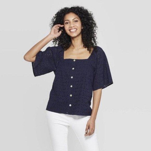 Square Neck Eyelet Top - Picture 1 of 5